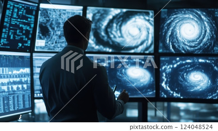 Professional weather expert monitoring storm intensity in high-tech forecasting center. Meteorologist tracks hurricane intensity Professional weather expert monitoring storm intensity in high-tech forecasting center. Meteorologist tracks hurricane intensity 124048524