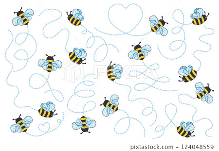 Bees flying path. Cartoon bee fly dotted line route, bumblebee wasp hornet honeybee flight track buzz bug baby animal insect fly to honey or flower, set neat vector illustration 124048559
