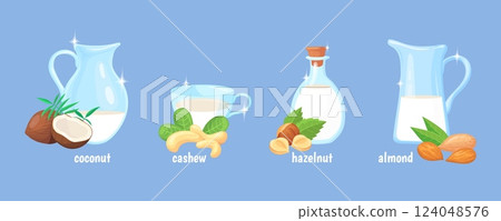 Vegetable milk. Vegan natural milk drinks lactose free, nut coconut almond hazelnut cashew dairy protein drink cartoon set vector illustration Vegetable milk. Vegan natural milk drinks lactose free, nut coconut almond hazelnut cashew dairy protein drink cartoon set vector illustration 124048576