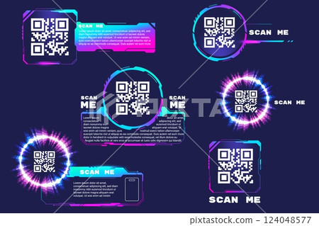 Qr code stickers. Qrcode sticker hud digital cyberpunk design, scan me codes square symbol smartphone id card barcode phone scanning screen frame for pay buy vector illustration Qr code stickers. Qrcode sticker hud digital cyberpunk design, scan me codes square symbol smartphone id card barcode phone scanning screen frame for pay buy vector illustration 124048577