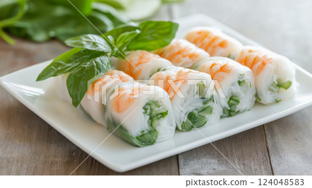 Freshly made spring rolls served on a white plate with basil leaves against a wooden background 124048583
