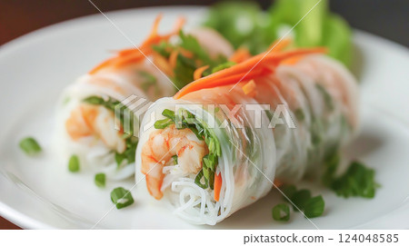 Delicious Vietnamese shrimp spring rolls served with fresh vegetables on a stylish white plate 124048585