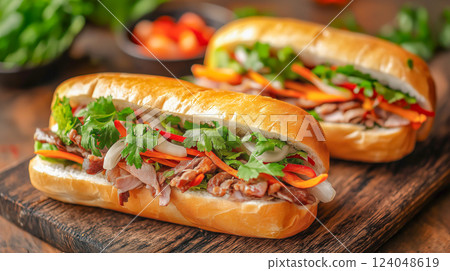Delicious Vietnamese Banh Mi with grilled meat and fresh vegetables served on a wooden board Delicious Vietnamese Banh Mi with grilled meat and fresh vegetables served on a wooden board 124048619
