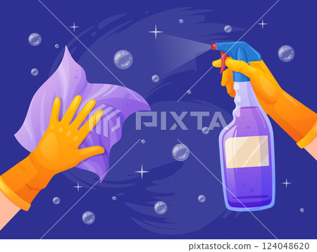 Hand wash surface. Hands in gloves cleanup and wipe wall, table or window glass surfaces with disinfect spray detergent on wet cloth, home wash sanitizing tidy vector illustration Hand wash surface. Hands in gloves cleanup and wipe wall, table or window glass surfaces with disinfect spray detergent on wet cloth, home wash sanitizing tidy vector illustration 124048620