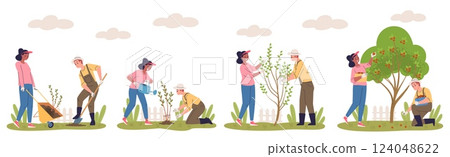 People planting tree stages. Man woman plants care growth fruit trees process, seeding watering cultivation harvesting phases, grow investments concept classy vector illustration 124048622