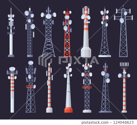 Telecom towers. Cell telecommunication antenna, 4g 5g gsm signal radio microwave television transmitter wireless mast broadcast building communication, neat vector illustration 124048623