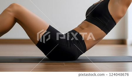 Woman Practicing Pilates Core Exercise on Yoga Mat 124048676