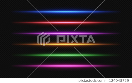Neon line light. Beam with laser glow effect. Led stripe divider. Set of vector fluorescent horizontal sticks isolated on black background. Neon line light. Beam with laser glow effect. Led stripe divider. Set of vector fluorescent horizontal sticks isolated on black background. 124048739