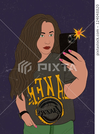 Untitled ArtworkHigh quality artwork. Young woman takes selfies with a smartphone. A girl takes a picture of herself in the mirror. Female portrait on phone Iphone. Untitled ArtworkHigh quality artwork. Young woman takes selfies with a smartphone. A girl takes a picture of herself in the mirror. Female portrait on phone Iphone. 124048820