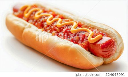 Tasty hot dog topped with mustard and chili served on a soft bun 124048991