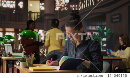Rude woman answering a phone call in the library and disturbing people, being very noisy. Clients asking her to keep quiet, losing focus and concentration while learning or reading. Camera A. Rude woman answering a phone call in the library and disturbing people, being very noisy. Clients asking her to keep quiet, losing focus and concentration while learning or reading. Camera A. 124049156