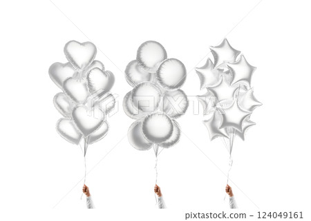 Hand holding silver star, round, heart balloon bouquet mockup, isolated 124049161
