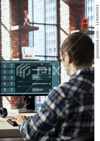 Language model generative AI chatbot on computer monitor engages in humanlike interactions with customers. Person speaks with artificial intelligence LLM software handling his requests Language model generative AI chatbot on computer monitor engages in humanlike interactions with customers. Person speaks with artificial intelligence LLM software handling his requests 124049393
