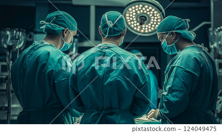 Surgeons collaborate in a sterile operating room during a complex medical procedure 124049475