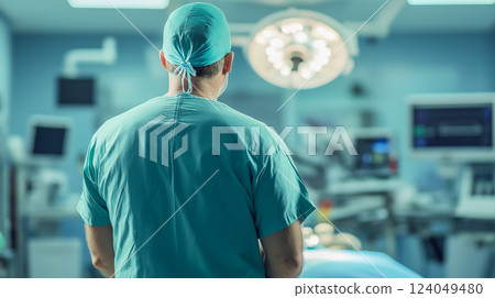 Surgeon prepares for a complex surgical procedure in a sterile operating room during a busy hospital day 124049480