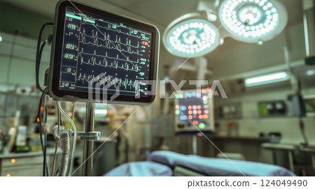 Heart monitor displays vital signs in a modern surgical room during a medical procedure with advanced technology 124049490