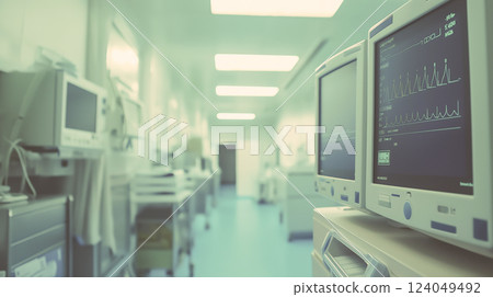 Hospital corridor with medical equipment and monitors indicating patient vital signs during a busy healthcare shift Hospital corridor with medical equipment and monitors indicating patient vital signs during a busy healthcare shift 124049492