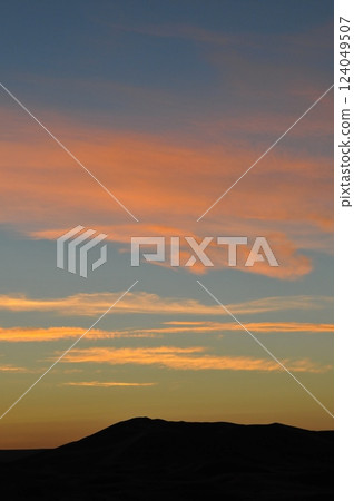 Morocco, Sahara Desert, Merzouga, Merzouga Sand Dunes, Sunrise in the Sahara Desert 124049507