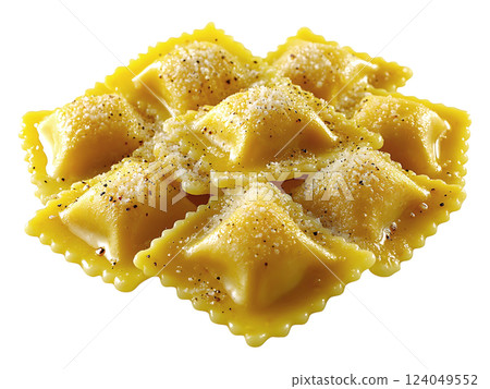 Delicious golden ravioli, seasoned with black pepper and grated cheese, arranged in a visually appealing cluster.  Perfect for food blogs, restaurant menus, or culinarythemed projects. 124049552