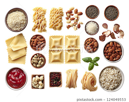 A vibrant flat lay showcasing an array of pasta shapes, nuts, spices, and sauces. Perfect for recipe blogs, food websites, or culinarythemed projects. A vibrant flat lay showcasing an array of pasta shapes, nuts, spices, and sauces. Perfect for recipe blogs, food websites, or culinarythemed projects. 124049553