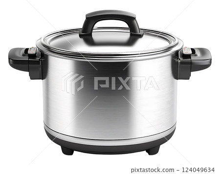 Sleek stainless steel electric cooker, perfect for soups, stews, or rice.  Modern design with easygrip handles and a secure lid. Ideal for food blogs, cooking websites, or appliance catalogs. 124049634