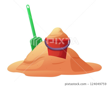 Plastic bucket with sand. Bright toys for children play in sandbox or on beach. Summer vacations activity childish accessories, nowaday vector concept 124049759