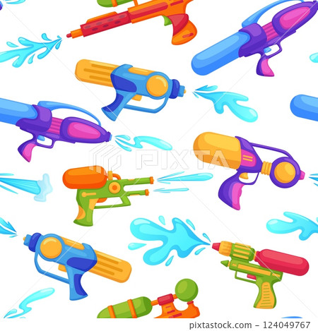 Water guns seamless pattern. Kids plastic toys spraying liquid splashes. Bright weapon for children play. Fabric wallpaper print, nowaday vector background 124049767