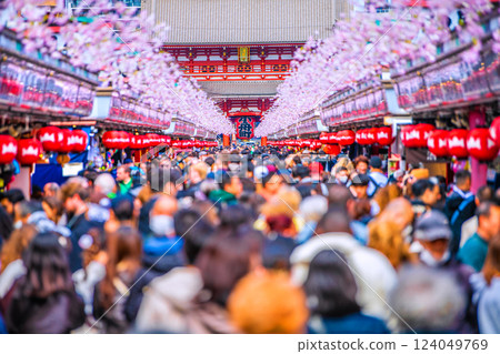 Tokyo cityscape, Japan, March 17. Surprising inbound tourism. Sensoji Temple crowded with more foreign tourists than before the COVID-19 pandemic. 124049769