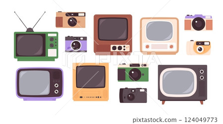 Retro television. Vintage camera and tv, home entertainment digital accessories. Stylish flat technic 80s 90s icons, hipster elements racy vector set 124049773