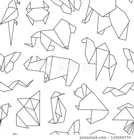 Line animal seamless pattern. Origami style, japanese art elements. Outline animals, fabric wallpaper wrapping print design. Racy vector background 124049774