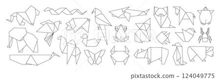 Line animals origami. Japanese art style, paper folding wild animal and bird, reptile, ocean characters. Polygonal design elements, decorative racy vector set Line animals origami. Japanese art style, paper folding wild animal and bird, reptile, ocean characters. Polygonal design elements, decorative racy vector set 124049775