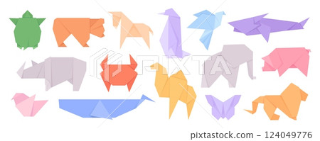 Colorful origami animals. Paper folding japanese art, animal abstract design. Bear crab butterfly camel bird and whale. Isolated racy vector elements Colorful origami animals. Paper folding japanese art, animal abstract design. Bear crab butterfly camel bird and whale. Isolated racy vector elements 124049776