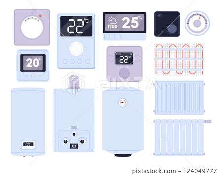 Thermostat and heating systems. House electric and gas radiators, boilers. Isolated smart thermostats devices for comfortable temperature, racy vector set 124049777