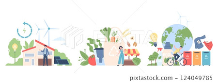 Eco daily habits flat concept. Eat organic farm food and drink clean water, economy energy, using recycled items. Healthy lifestyle recent vector scenes 124049785