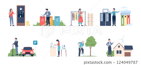 Eco friendly habits. Ecology lifestyle, people sorting garbage, economy energy and water, using recycle for plastic and clothes. Recent vector flat scenes Eco friendly habits. Ecology lifestyle, people sorting garbage, economy energy and water, using recycle for plastic and clothes. Recent vector flat scenes 124049787