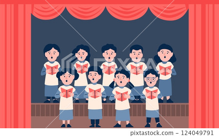 Children choir on stage. Church chorus with little kids in special costumes. Musical school student, theater entertainment or religious recent vector scene 124049791