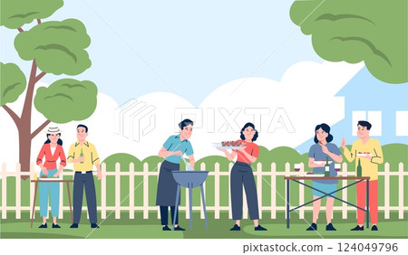 Friends on bbq. Happy couples cooking and eating barbeque, drinking wine. Outdoor seasonal party with food, family freetime on backyard, recent vector scene Friends on bbq. Happy couples cooking and eating barbeque, drinking wine. Outdoor seasonal party with food, family freetime on backyard, recent vector scene 124049796