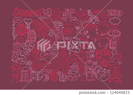Romantic doodle with hearts, gifts, love letters, cupcakes, and rings. A detailed Valentines Day pattern featuring pink and red hand-drawn elements full of affection and charm 124049815