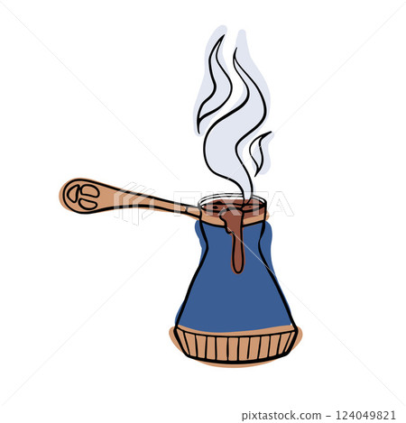 Classic Turkish coffee pot with steaming dark coffee. A cozy illustration representing rich aroma, traditional brewing, and the love for authentic Turkish espresso Classic Turkish coffee pot with steaming dark coffee. A cozy illustration representing rich aroma, traditional brewing, and the love for authentic Turkish espresso 124049821