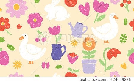 Spring abstract seamless pattern, vector summer flowers texture naive childish easter repeat banner Spring abstract seamless pattern, vector summer flowers texture naive childish easter repeat banner 124049826