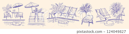 Hotel swimming pool line illustration set, hand drawn tropical palm resort rest outline vector print 124049827