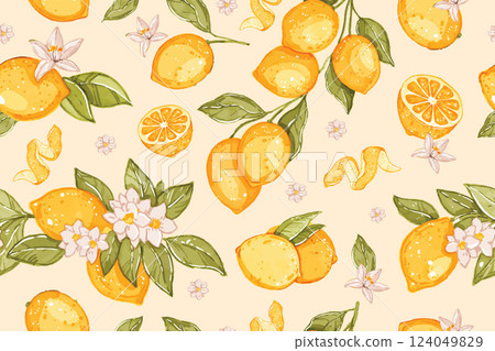 Lemon seamless pattern, vector watercolor hand drawn citrus texture, Italian summer fruit print.  124049829