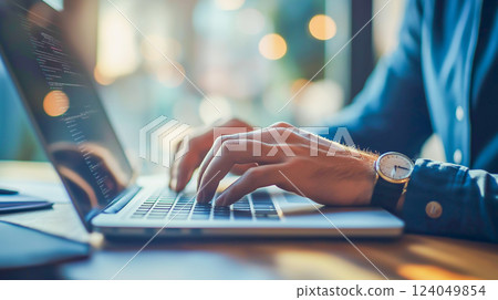 Man hands typing on a laptop in a modern coffee shop 124049854