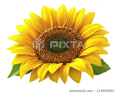 Vibrant sunflower blossom isolated on white.  Captures summers joy and optimism perfect for nature, happiness, and growth concepts. 124049903