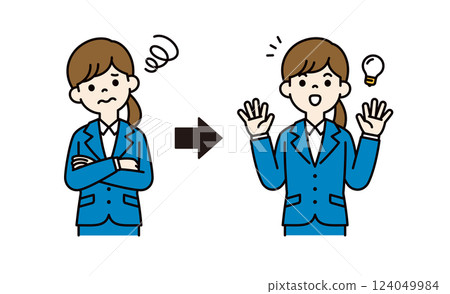 Vector illustration of a young female office worker who came up with a way to solve her problems_Line width editable_Color Vector illustration of a young female office worker who came up with a way to solve her problems_Line width editable_Color 124049984