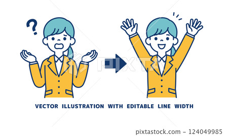 Vector illustration of a young female office worker who solved her problem_Line width can be edited 124049985