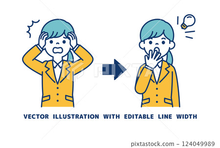 一位年輕女職員想出了解決失敗的辦法的向量插圖_線寬可以編輯 124049989