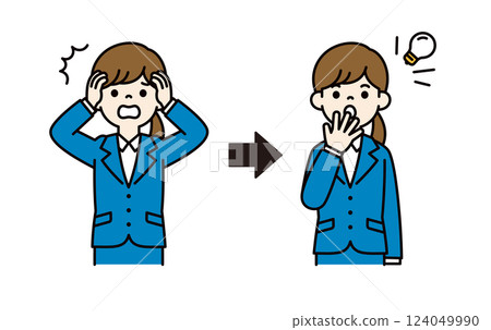 Vector illustration of a young female office worker who came up with a solution to a failure_Line width editable_Color Vector illustration of a young female office worker who came up with a solution to a failure_Line width editable_Color 124049990