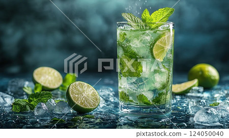 Refreshing mint and lime beverage served in a clear glass with ice on a textured surface 124050040