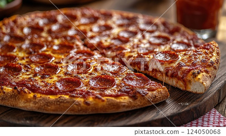 Delicious pepperoni pizza served on a wooden platter with a side of dipping sauce in a cozy restaurant setting 124050068